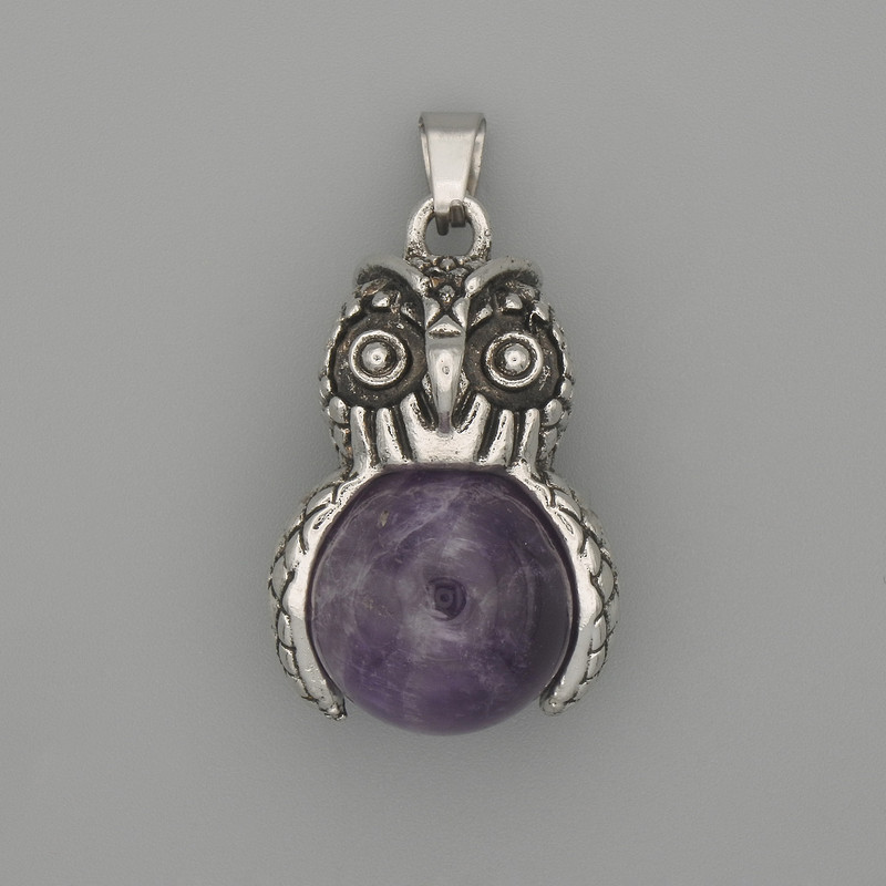 Owl Pendant with Amethyst in Silvery Metal, diameter 30x20 mm, length approx. 37 mm