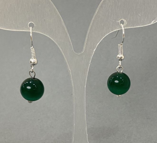 Earrings with Green Cat's Eye, Smooth Bead, 10mm diameter, 30mm+ length