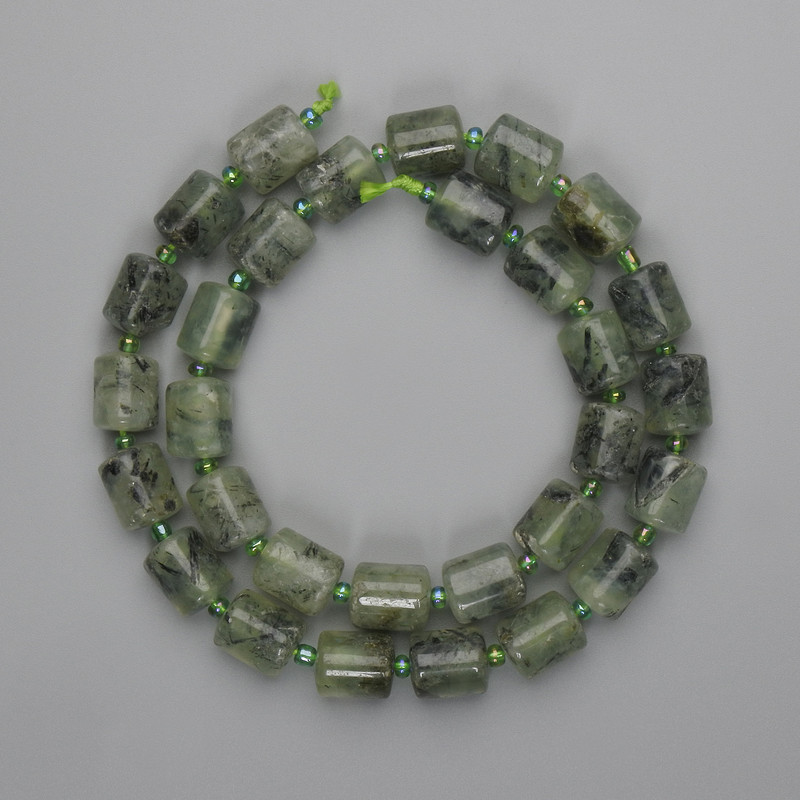 Clearance! Prehnite Cylindrical Beads 10–11×9 mm ±, Seed Beads 3 mm ±, 40 cm length