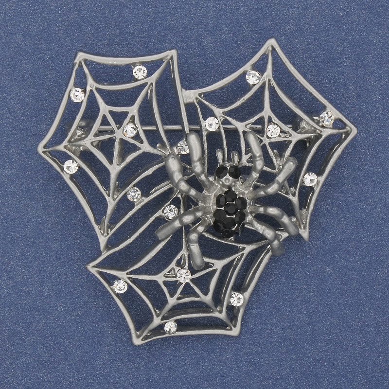 Spider on the Web Brooch with White and Black Rhinestones, Silver-Toned Metal 43x43mm+