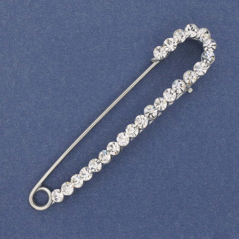 Brooch pin with white crystals, 75x16 mm, silver-colored metal