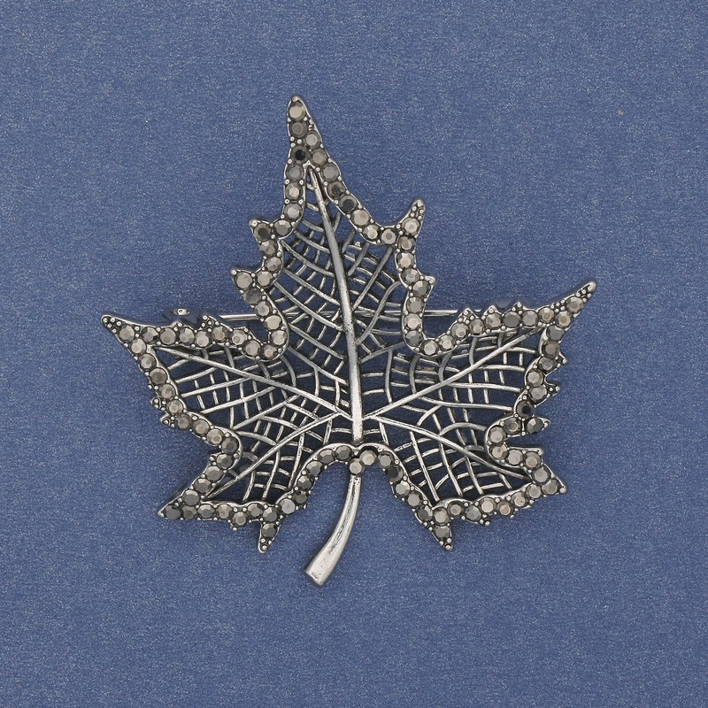 Brooch 'Wedge Leaf' with Gray Crystals, Dark Silver Color, Silvery Metal 45x44mm+