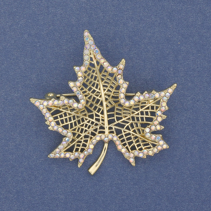 Brooch 'Klinovyi Leaf' with Rainbow Rhinestones, Gold-Tone Metal, 45x44mm+