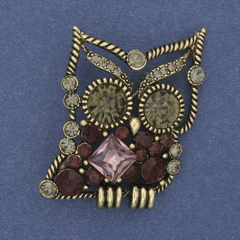 Brooch 'Owl' with Rhinestones, Bronze-tone, diameter 40×30 mm