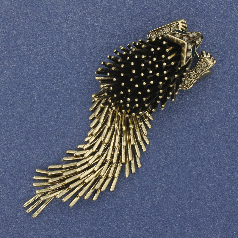Brooch 'Hedgehog Porcupine' with Moving Tail 75x23 mm ± Dark Gold Tone