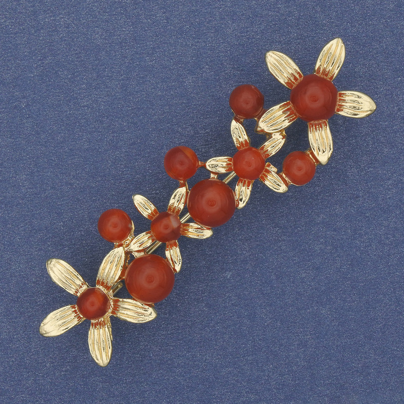 Brooch 'Flowers' with Carnelian on Gold-Toned Metal 55×17 mm+