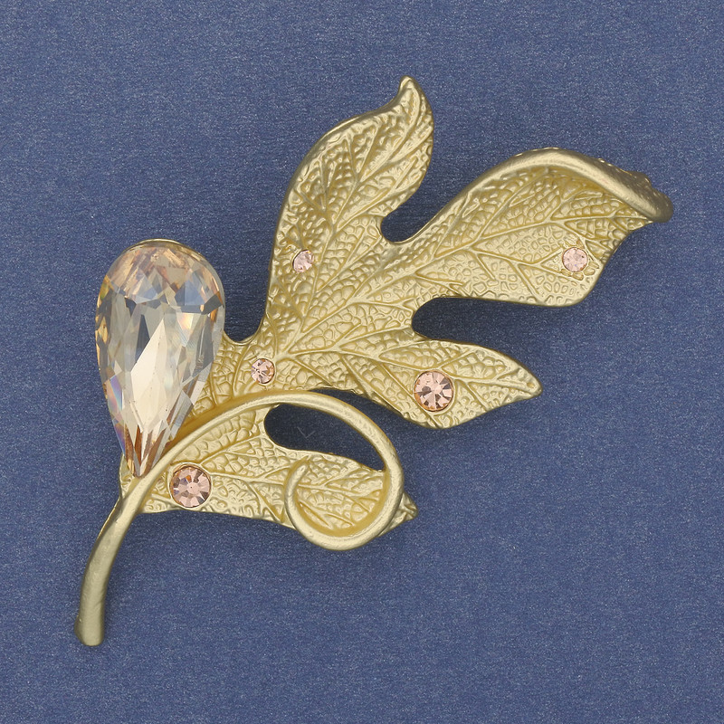 Leaf Brooch-Pendant with Crystal Rhinestones on Golden Metal 67x35mm+