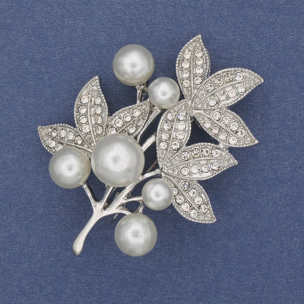 Brooch 'Twig' with white pearls and clear crystals, silver-toned metal, 50×35 mm+