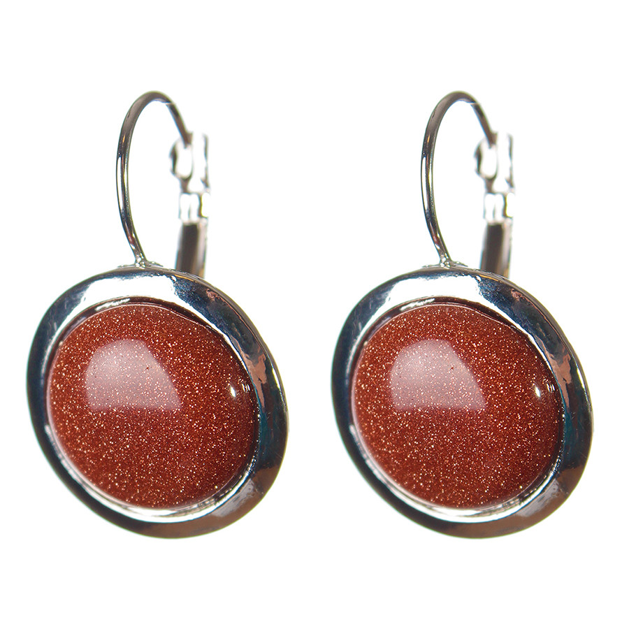 Discounted Aventurine Earrings 'Golden Sand' with smooth setting, round stone 2 cm diameter, length 3.1 cm