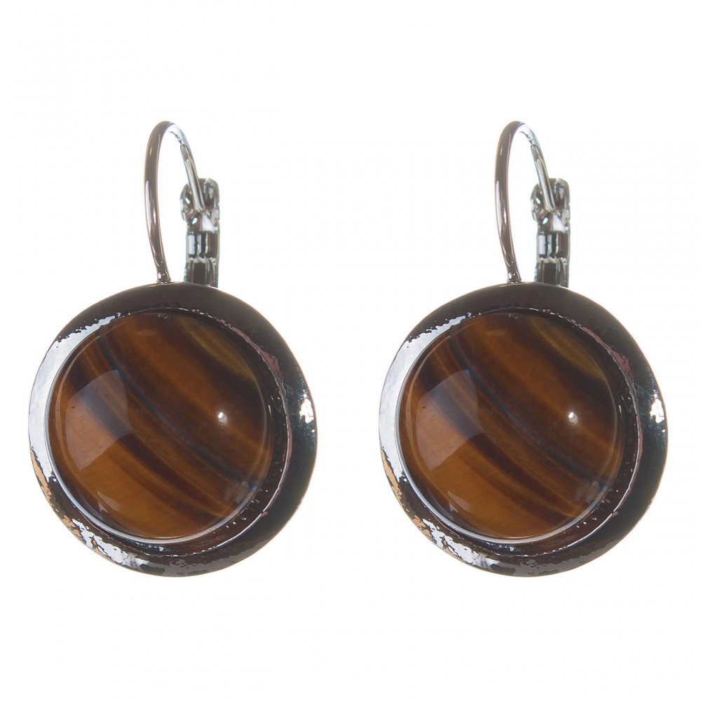 Clearance. Tiger's Eye Earrings with Smooth Bezel, Round Stone 2 cm, Length 3.1 cm
