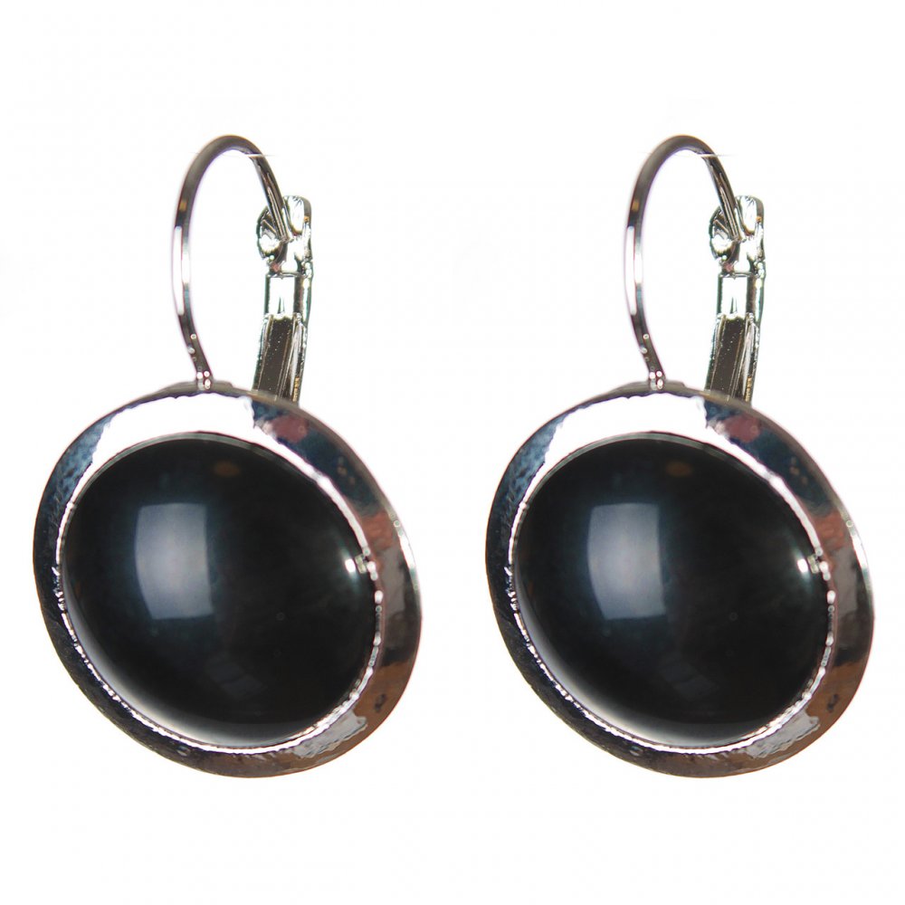 Clearance Earrings: Black Agate, Smooth Setting, Round Stone 2 cm, Length 3.1 cm