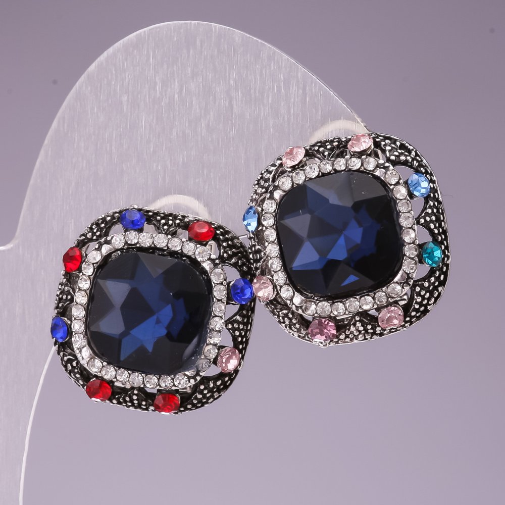 Earrings 2.3 cm Rainbow Square with Blue Crystal