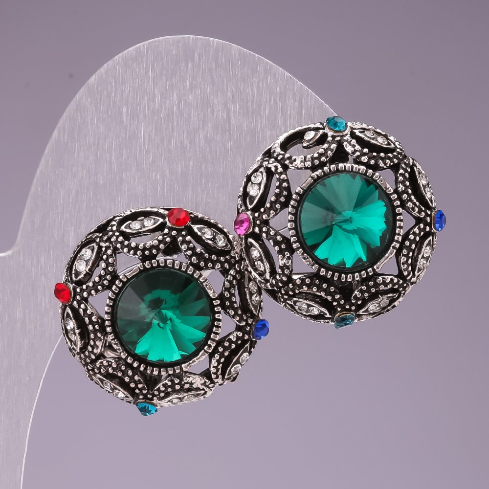 Earrings 2.5 cm Circle Star with Green Crystals