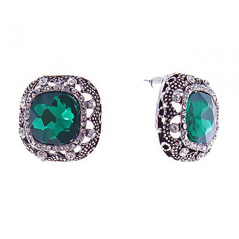 Stud earrings with green square crystals in a rhinestone setting, 20mm