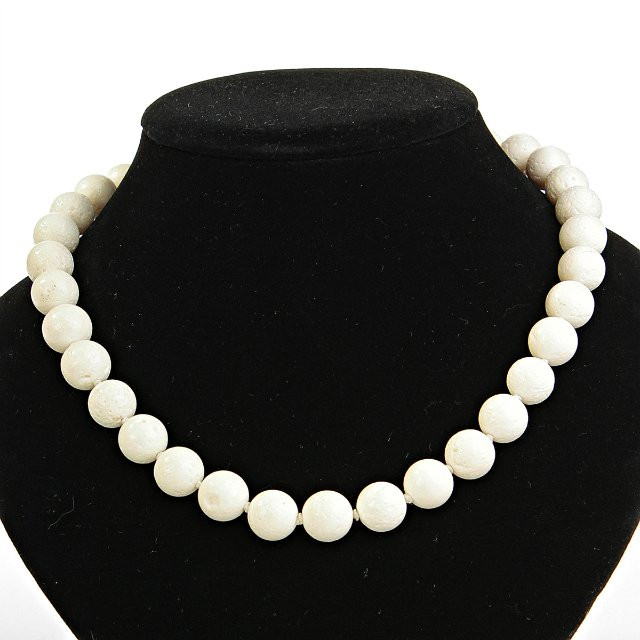 Necklace of white sponge coral, 12 mm beads, length 47.5 cm