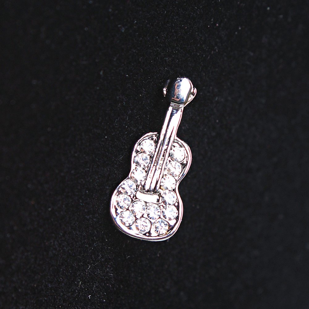 Small Guitar Brooch, Silver metal with crystals, 2.5 cm