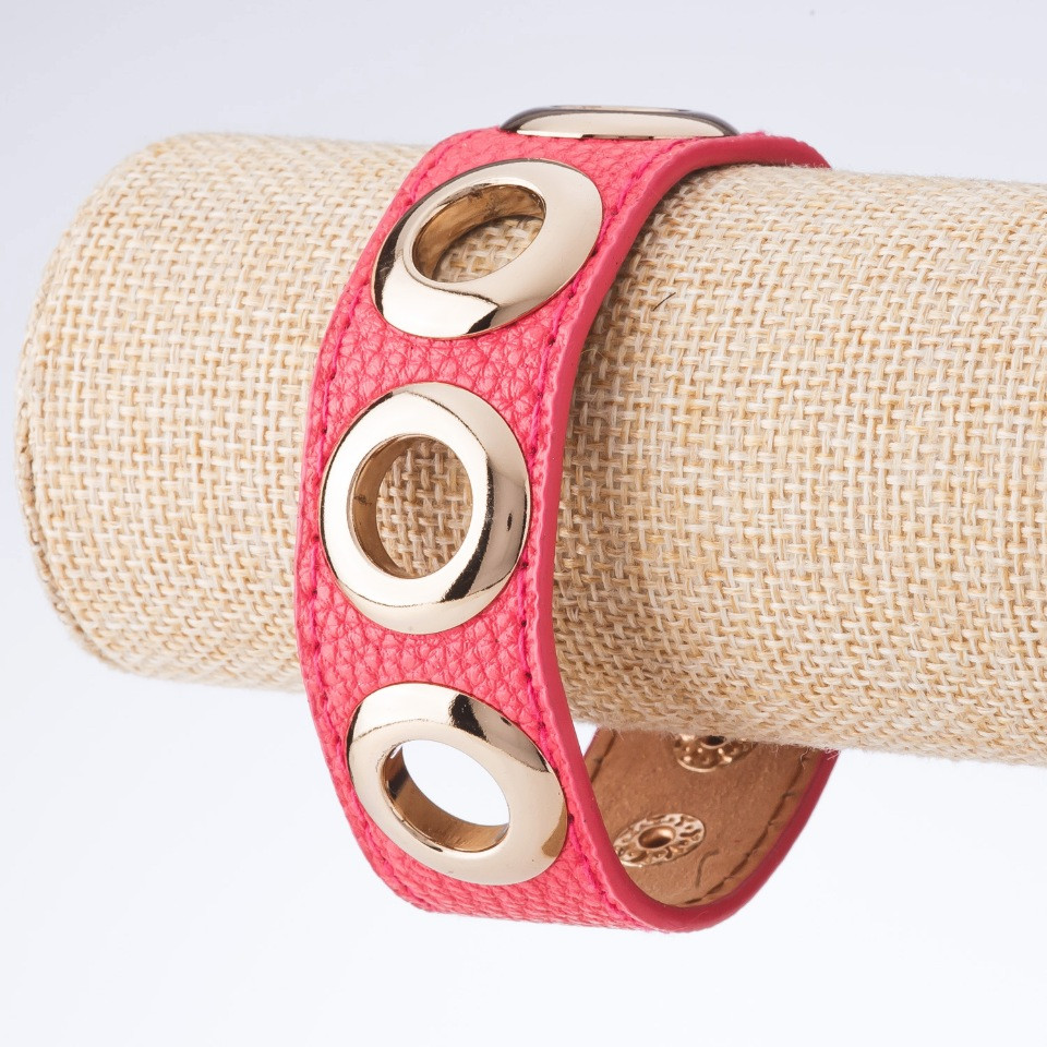 Tin Tin Bracelet with Rivets, Eco-Leather, Pink with Gold-Tone Metal, Width 2.5 cm, Length 18-23 cm
