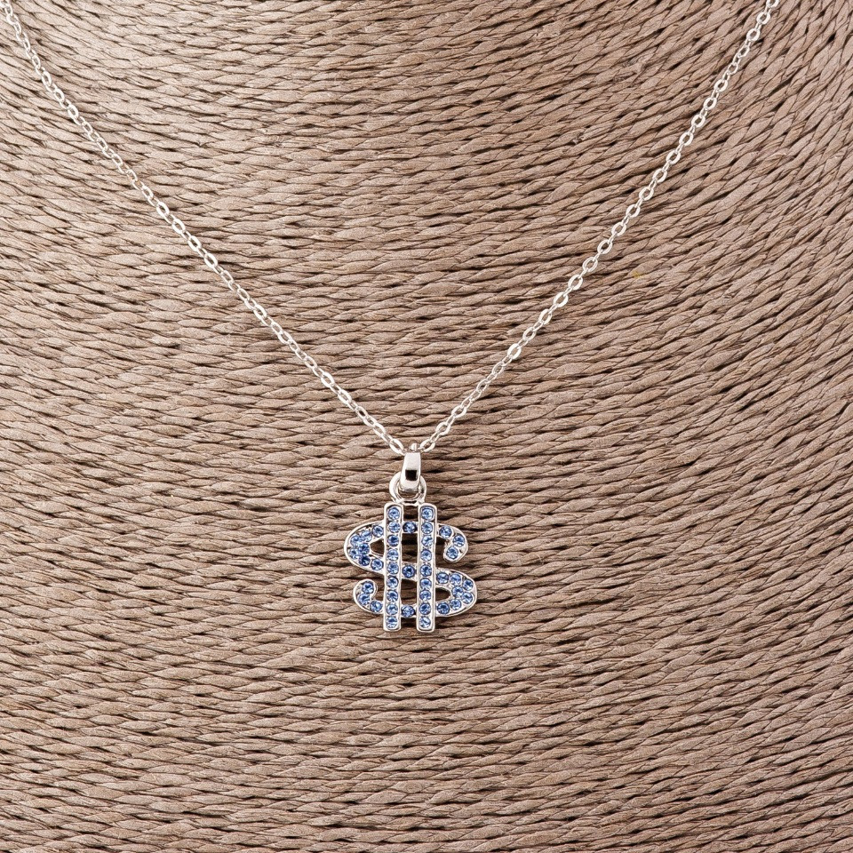 Pendant 'Dollar' on anchor chain blue crystals, length 52 cm, diameter 2x1.7 cm, silver-colored metal