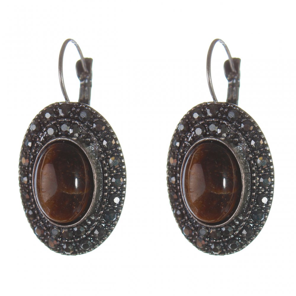 Clearance Tiger's Eye Earrings in a 'drop silver' setting, oval stone 2.5×1.9 cm, length 3.5 cm