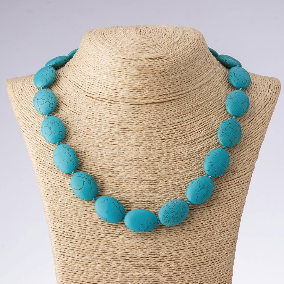 Necklace with natural turquoise stone (pressed), green oval, 50 cm length, 18×25 mm diameter (±)