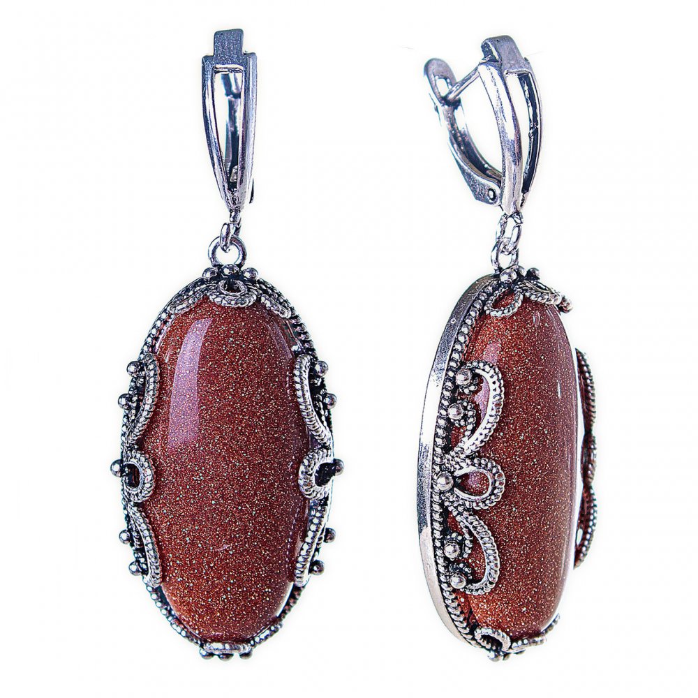 Discounted Aventurine Earrings 'Golden Sand' Openwork Frame, Oval Stone 3×1.7 cm, Length 5 cm