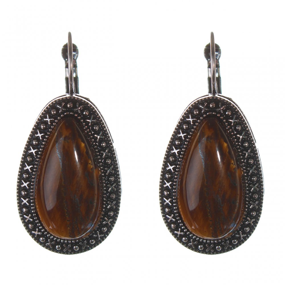 Clearance. Tiger's Eye Earrings, Dot-Cross setting, Drop-shaped stone, 3×2 cm, length 4 cm