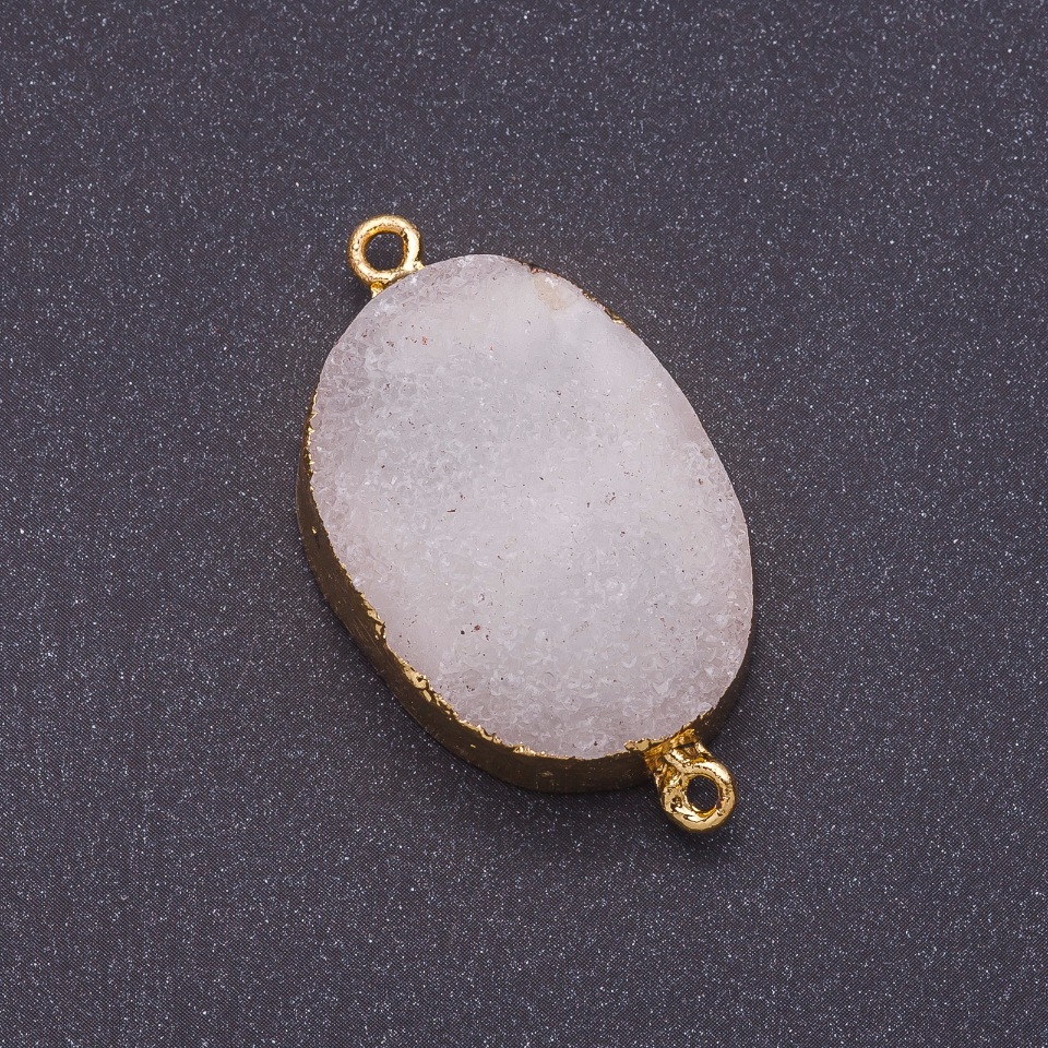 White agate druzy oval connector, diameter 25x40 mm (+/-), gold-tone metal