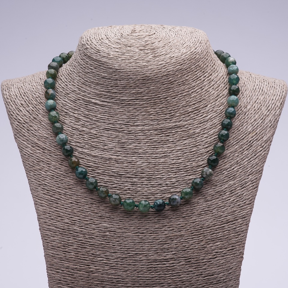 Moss Agate Natural Stone Necklace with a Faceted Bead, 45 cm long, 8 mm diameter
