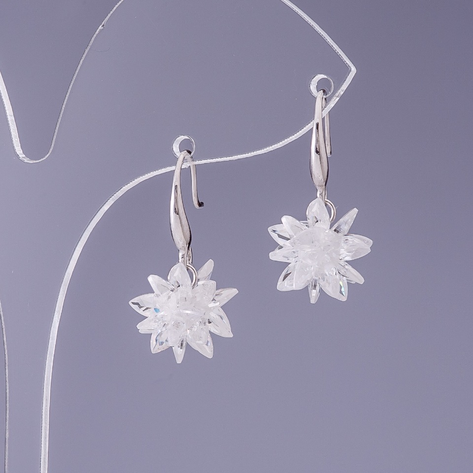 Earrings with white crystals 'Snowflakes', diameter 12 mm, length 2.5 cm