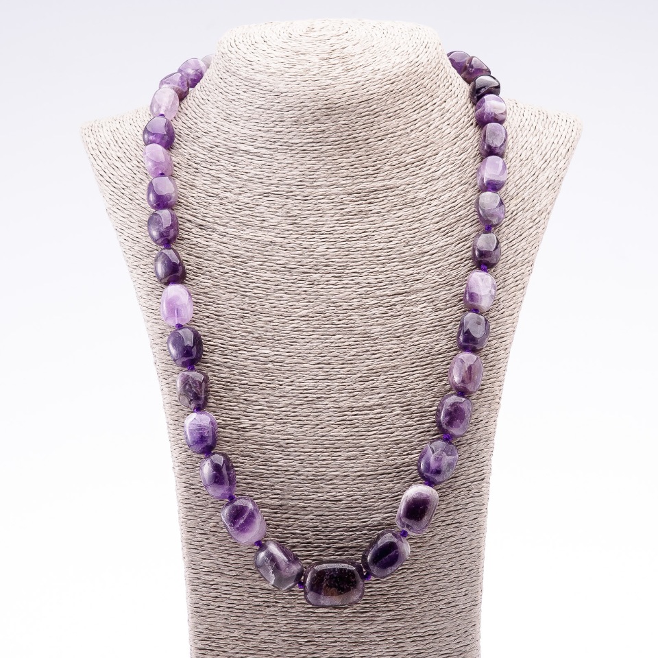 Midi Beaded Necklace with Natural Amethyst, Bead Diameter 10-26mm, Length 65cm