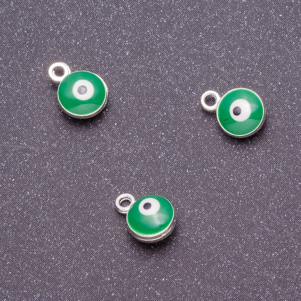 Findings pendant "Eyes", diameter 7mm, length 9mm, green enamel, gray metal finish. 12 pcs