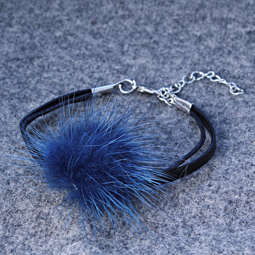 Blue Faux Leather Bracelet with Real Fur
