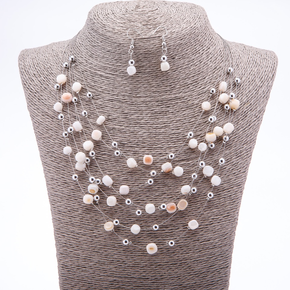 Earrings and Necklace Set "On the Strings of the Soul" with white mother-of-pearl beads, diameters 7 mm and 5 mm, length 46-50 cm