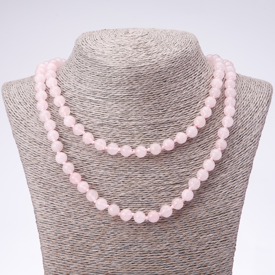 Long natural stone Pink Quartz necklace with smooth beads, 8 mm diameter, 120 cm length