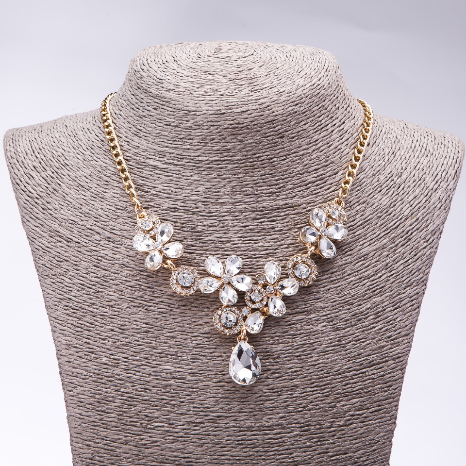 Evening Necklace with White Crystals 'Precious Flowers', Length 42-49 cm
