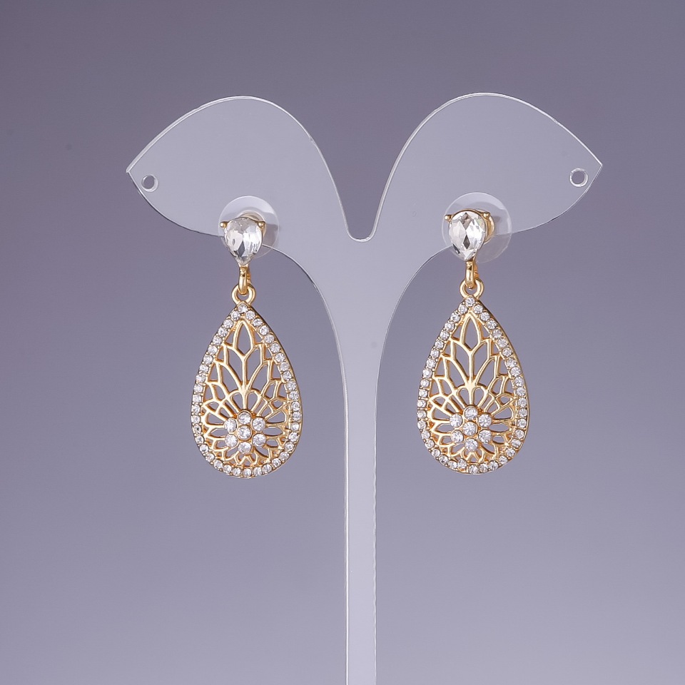 Earrings with White Crystals, 4 cm long, Yellow Metal