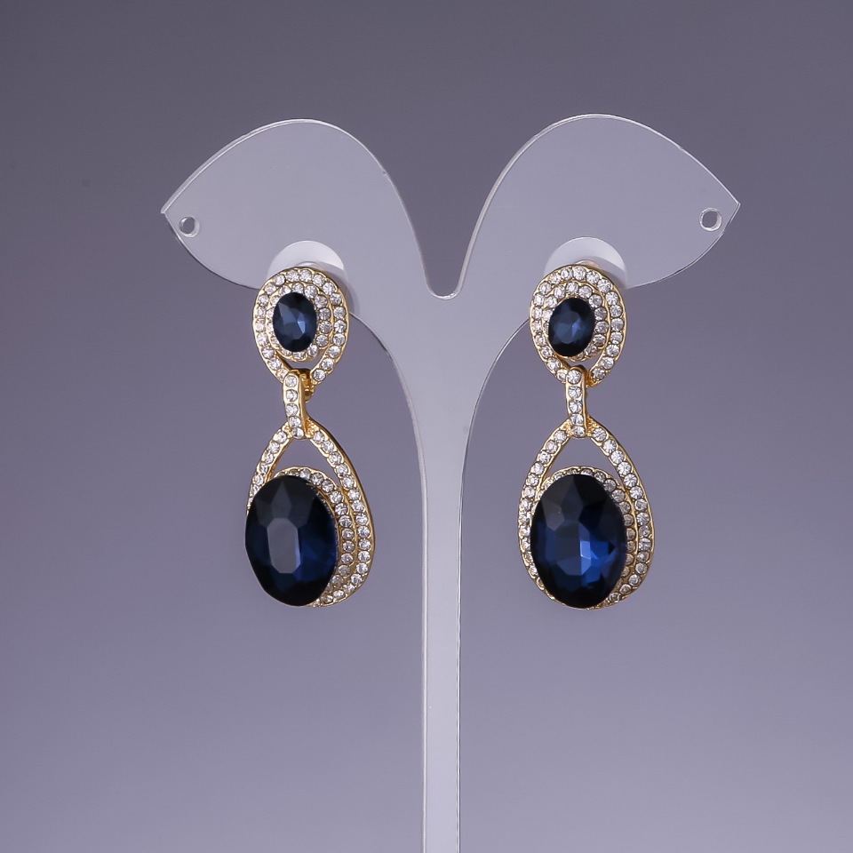 Earrings with blue crystals, 4.5 cm long, yellow metal