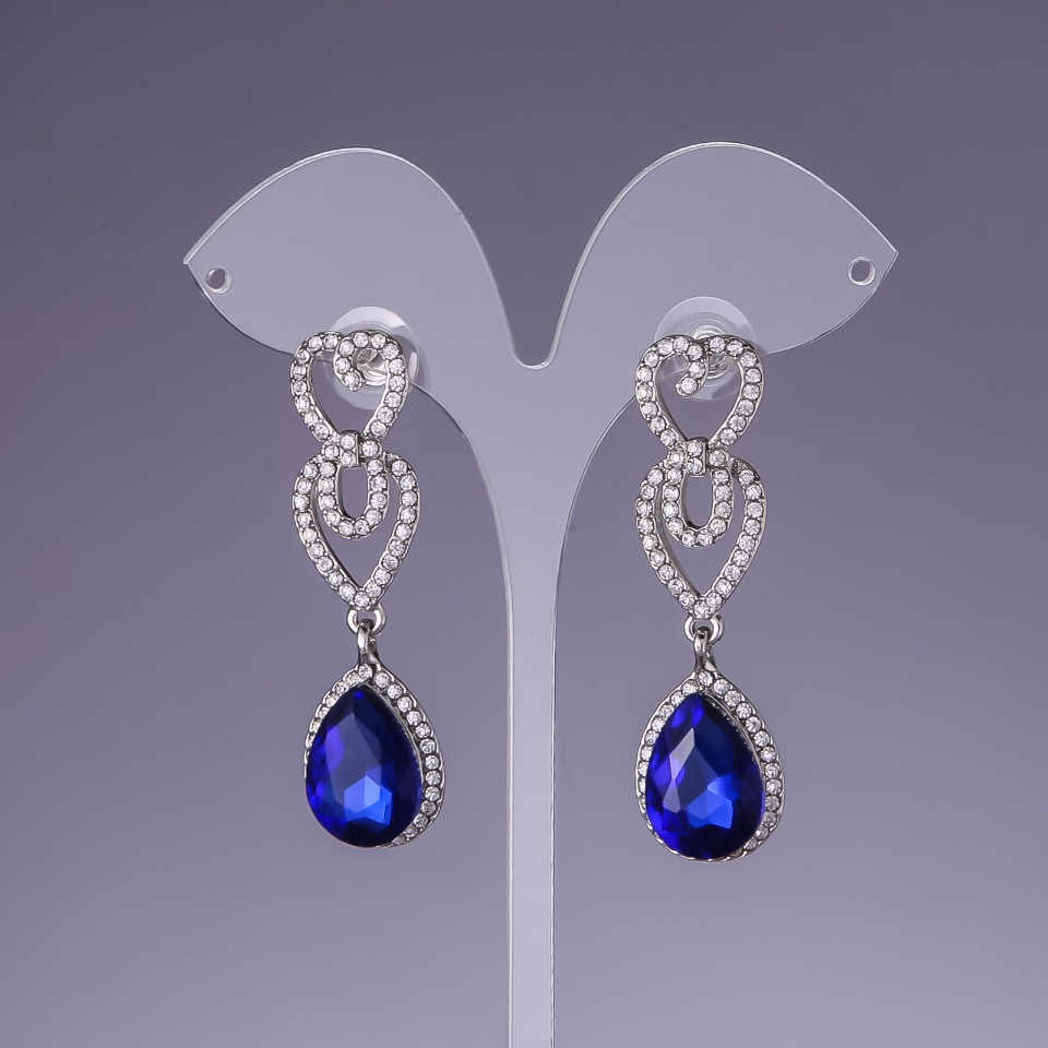 Earrings with blue crystals, 5.5 cm long, gray metal