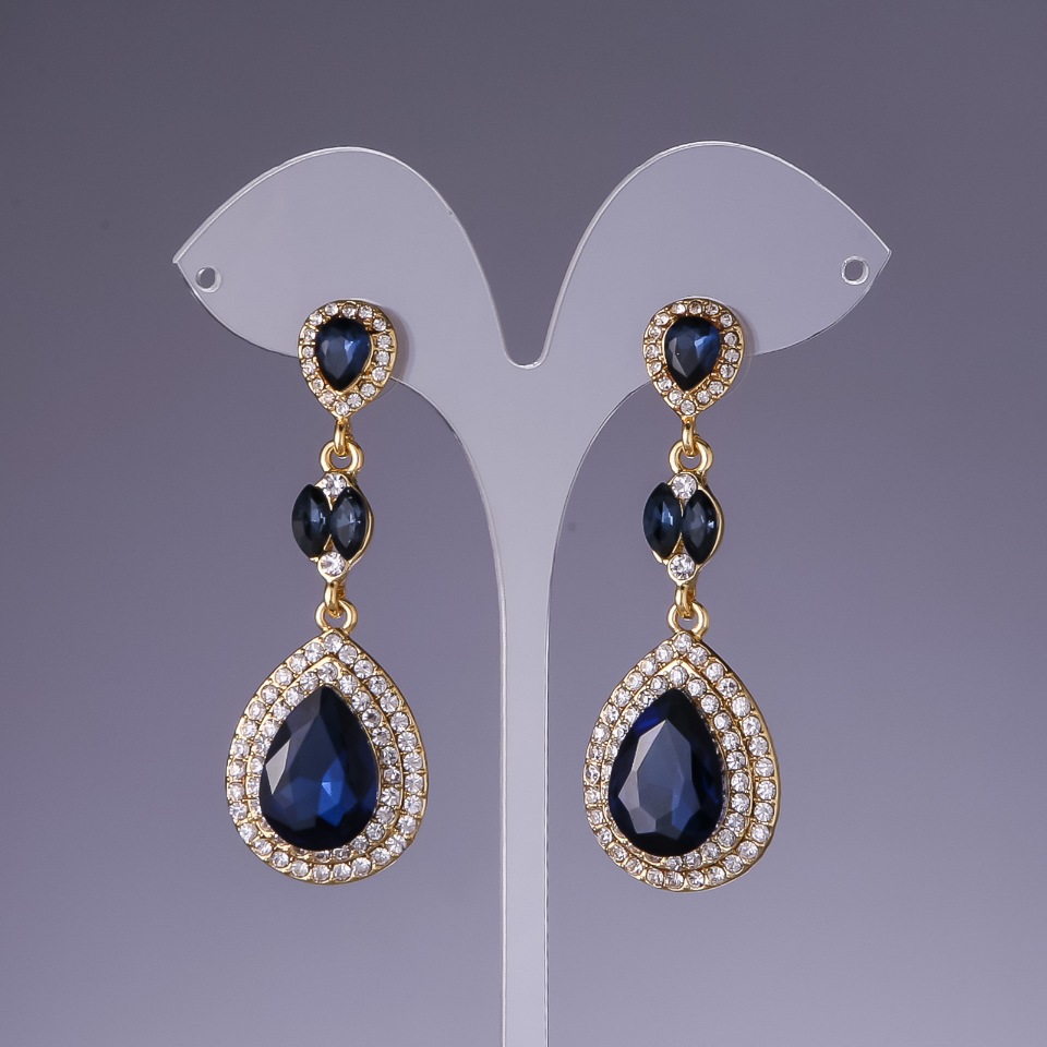 Earrings with blue crystals, 6 cm long, yellow metal