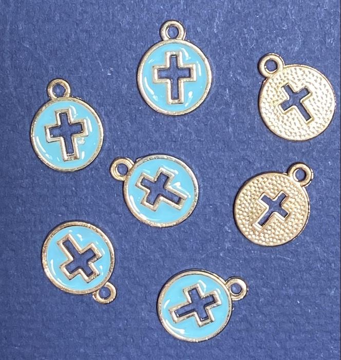 Cross pendant blue enamel gold-tone, 12 mm diameter, 15 mm length, hole Ø5 mm, 10 pcs