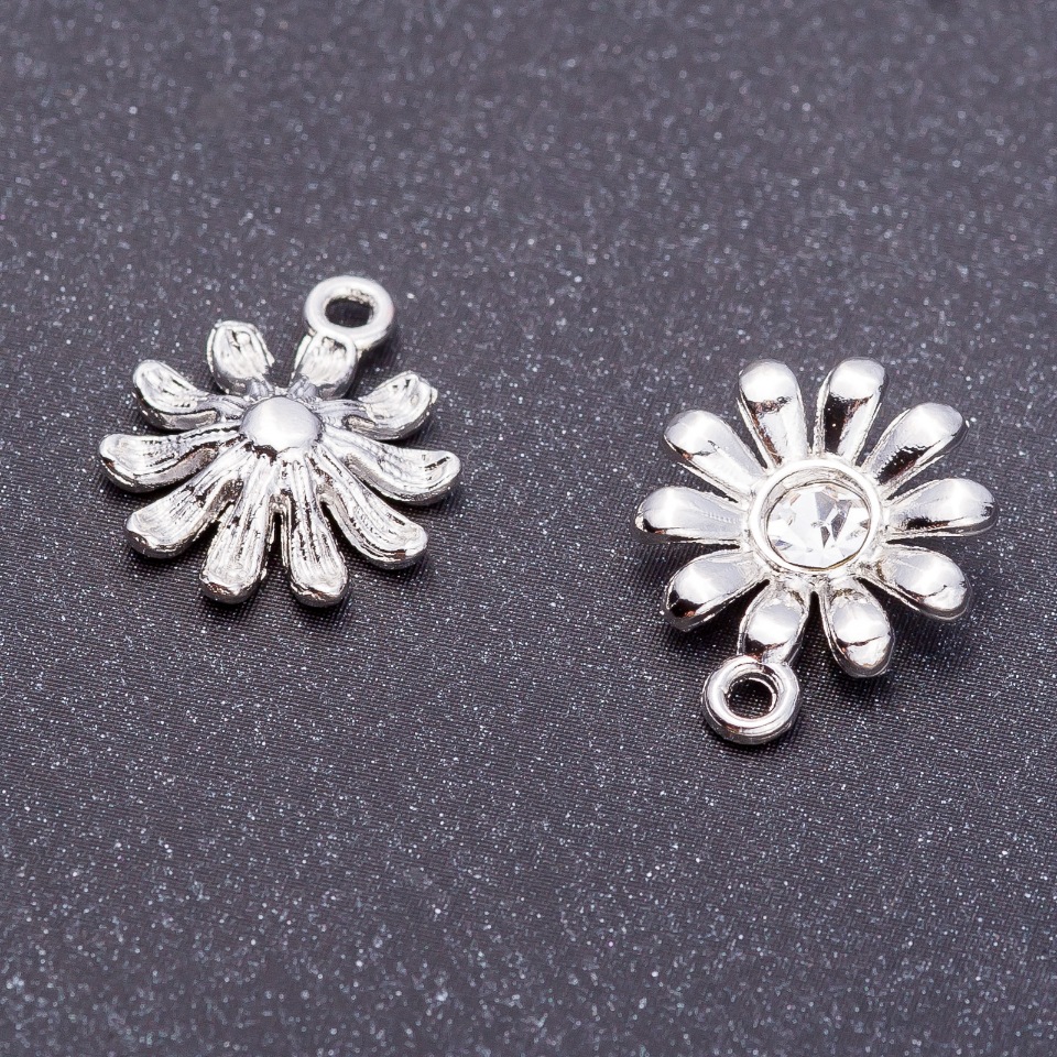 Pendant findings 'Daisy' 'Light Silver', 13mm diameter, 16mm length, drilled holes, 9 pcs set