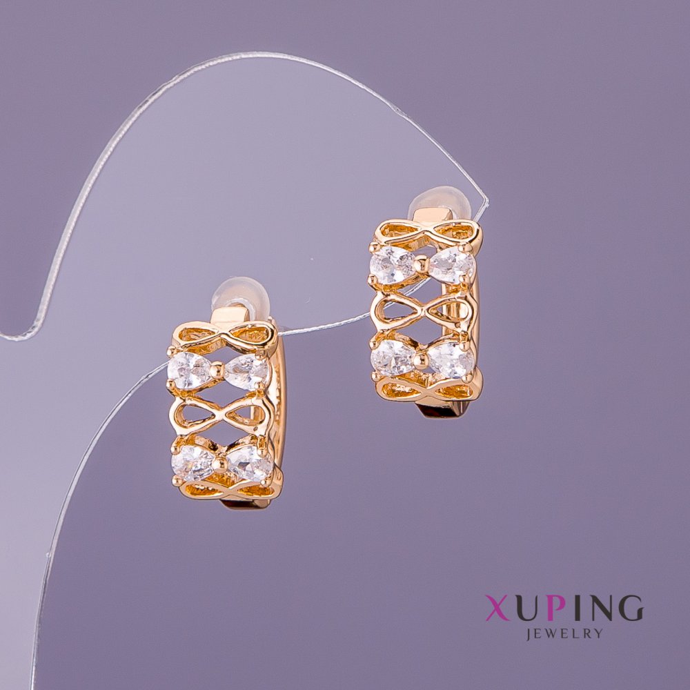 Xuping Earrings with White Stones, 9mm Diameter, 16mm Length, Gold Color