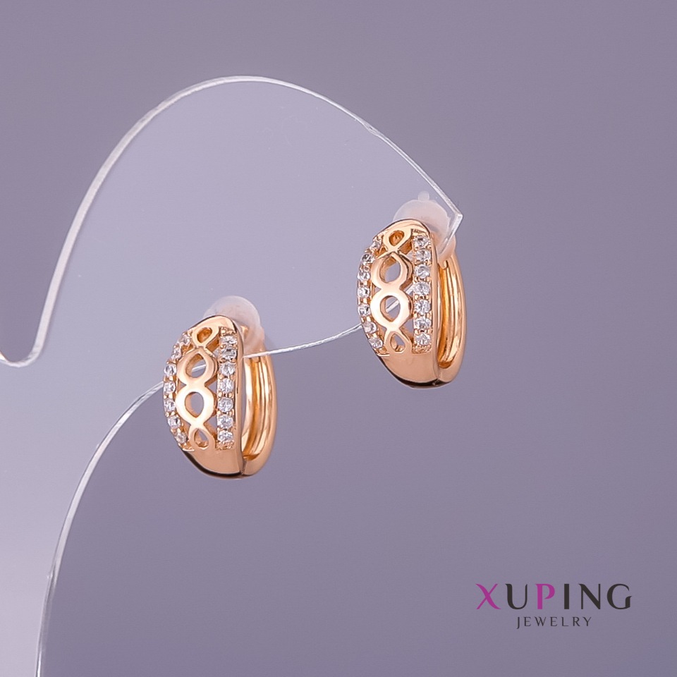 Xuping Earrings with White Crystals, 7 mm Diameter, 14 mm Length, Gold Color