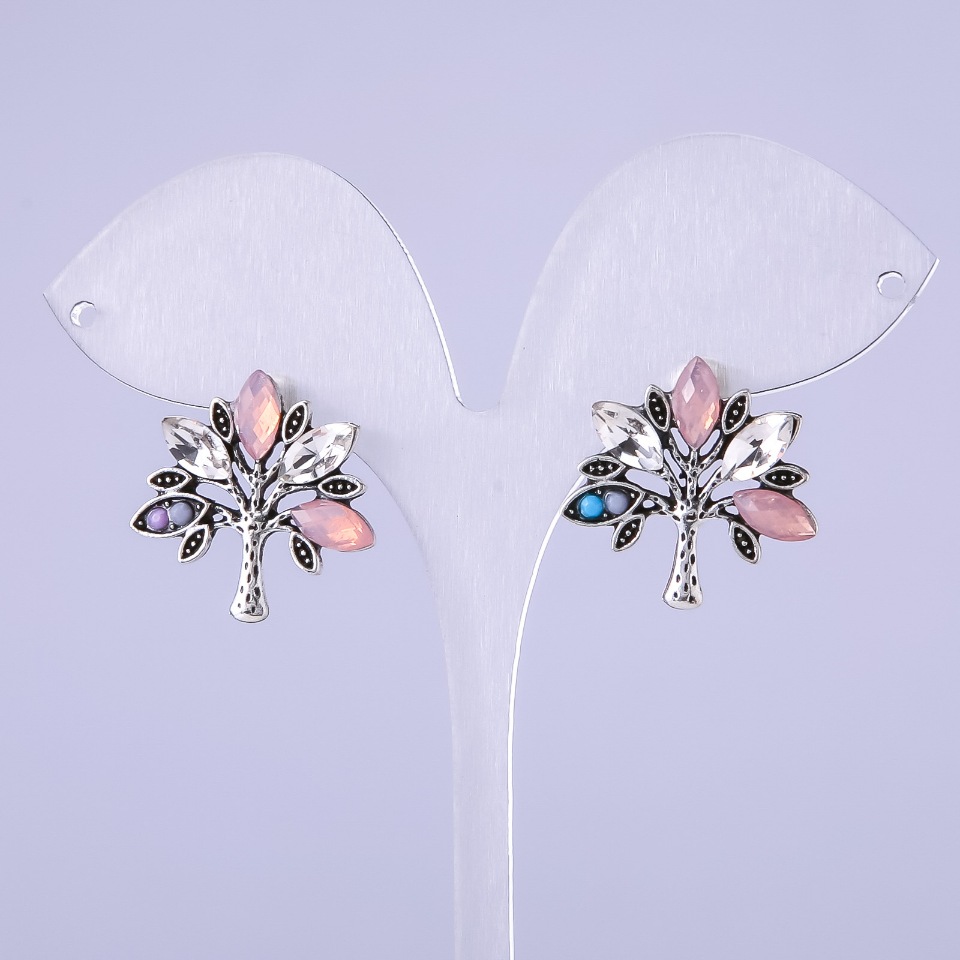 Tree Earrings with Pink Crystals 22x22mm