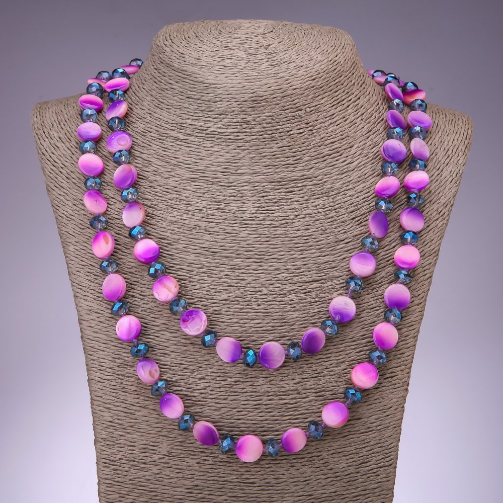 Long necklace in purple nacre with pink coin-shaped beads, 12 mm diameter, 120 cm