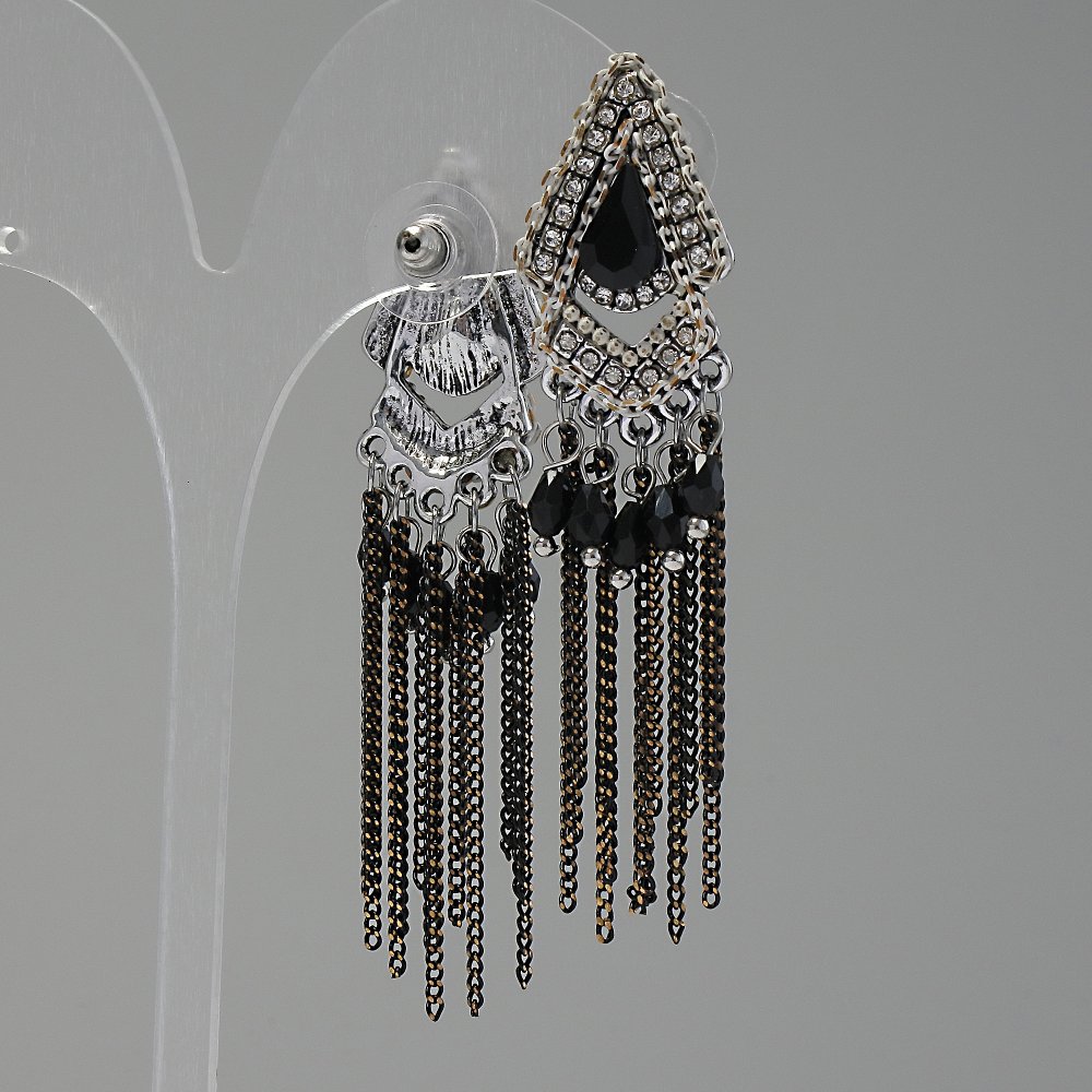 Earrings in Eastern style with black crystals, length 70 mm