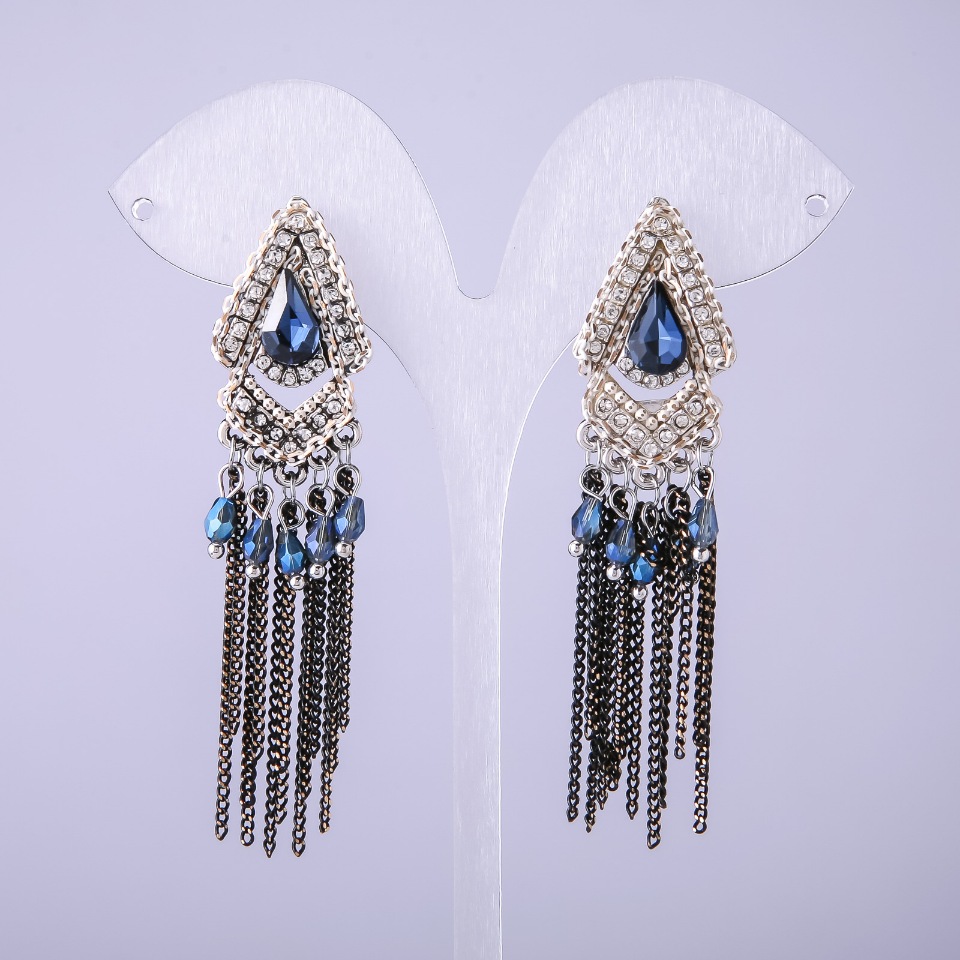 Eastern-style earrings with blue crystals, length 70 mm