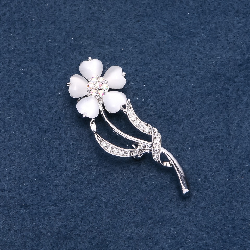 Brooch with White Cat's Eye Stone, Forget-me-not, 56x20mm, Metal Color 'Silver'