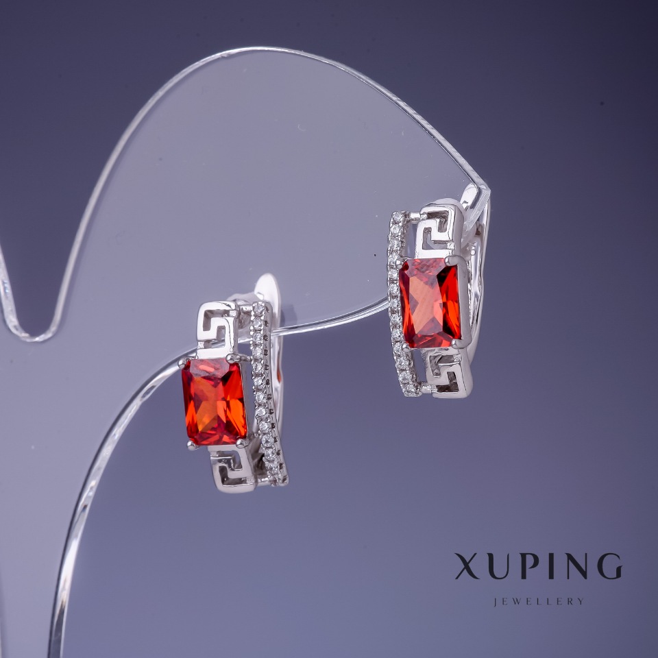 Xuping Earrings with Red Crystals 8x15 mm Rhodium-Plated