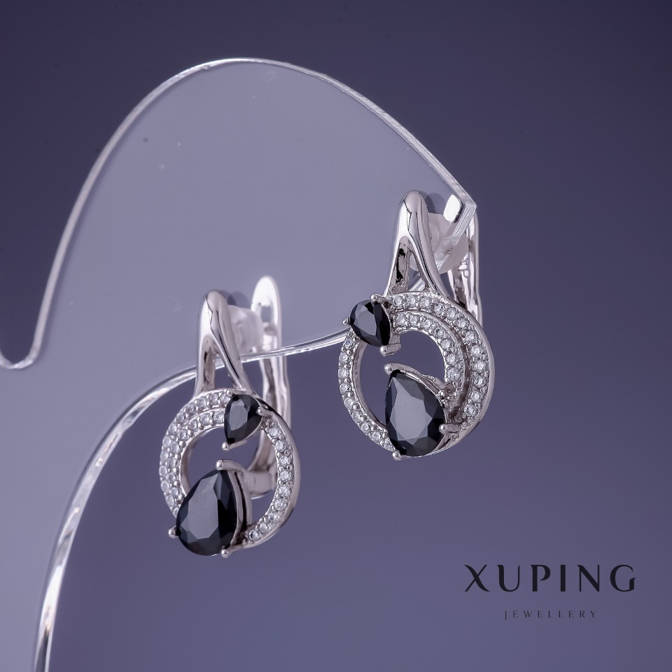 Xuping Rhodium-Plated Earrings with Black Stone 20x12 mm